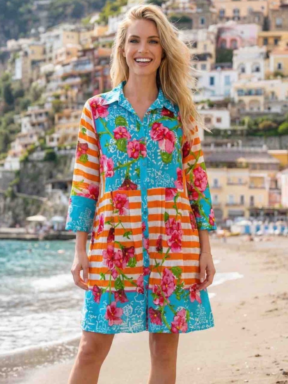 Antica Sartoria 2026 Floral Striped Button Down Dress - Turquoise & 🍊 Orange S/M